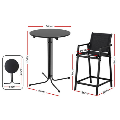 Gardeon 3PC Outdoor Bar Set Stools Dining Chairs Table Patio Furniture Bistro Set Steel Black ODF-BARSET-3TEX-BK