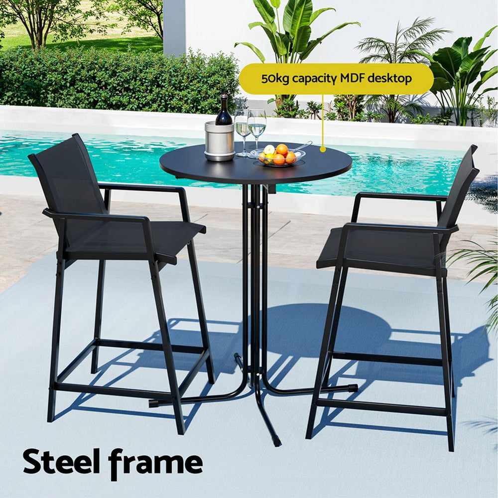 Gardeon 3PC Outdoor Bar Set Stools Dining Chairs Table Patio Furniture Bistro Set Steel Black ODF-BARSET-3TEX-BK
