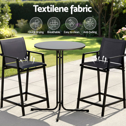Gardeon 3PC Outdoor Bar Set Stools Dining Chairs Table Patio Furniture Bistro Set Steel Black ODF-BARSET-3TEX-BK