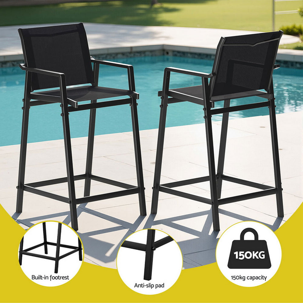 Gardeon 3PC Outdoor Bar Set Stools Dining Chairs Table Patio Furniture Bistro Set Steel Black ODF-BARSET-3TEX-BK