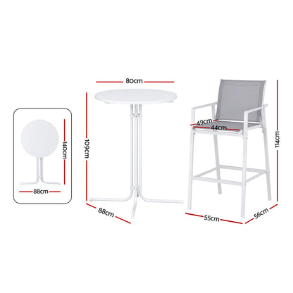 Gardeon 3PC Outdoor Bar Set Stools Dining Chairs Table Patio Furniture Bistro Set Steel White ODF-BARSET-3TEX-WH