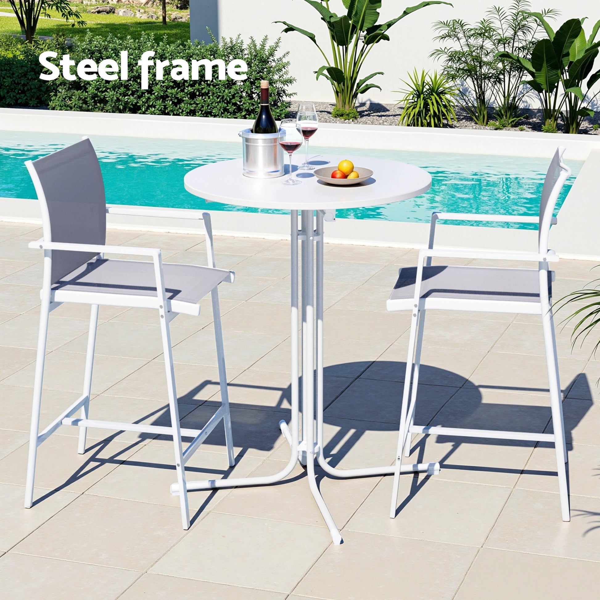 Gardeon 3PC Outdoor Bar Set Stools Dining Chairs Table Patio Furniture Bistro Set Steel White ODF-BARSET-3TEX-WH