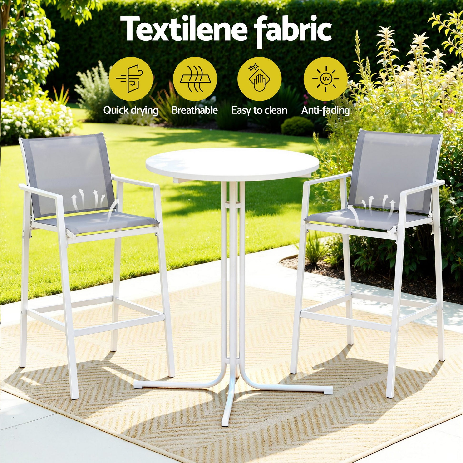 Gardeon 3PC Outdoor Bar Set Stools Dining Chairs Table Patio Furniture Bistro Set Steel White ODF-BARSET-3TEX-WH