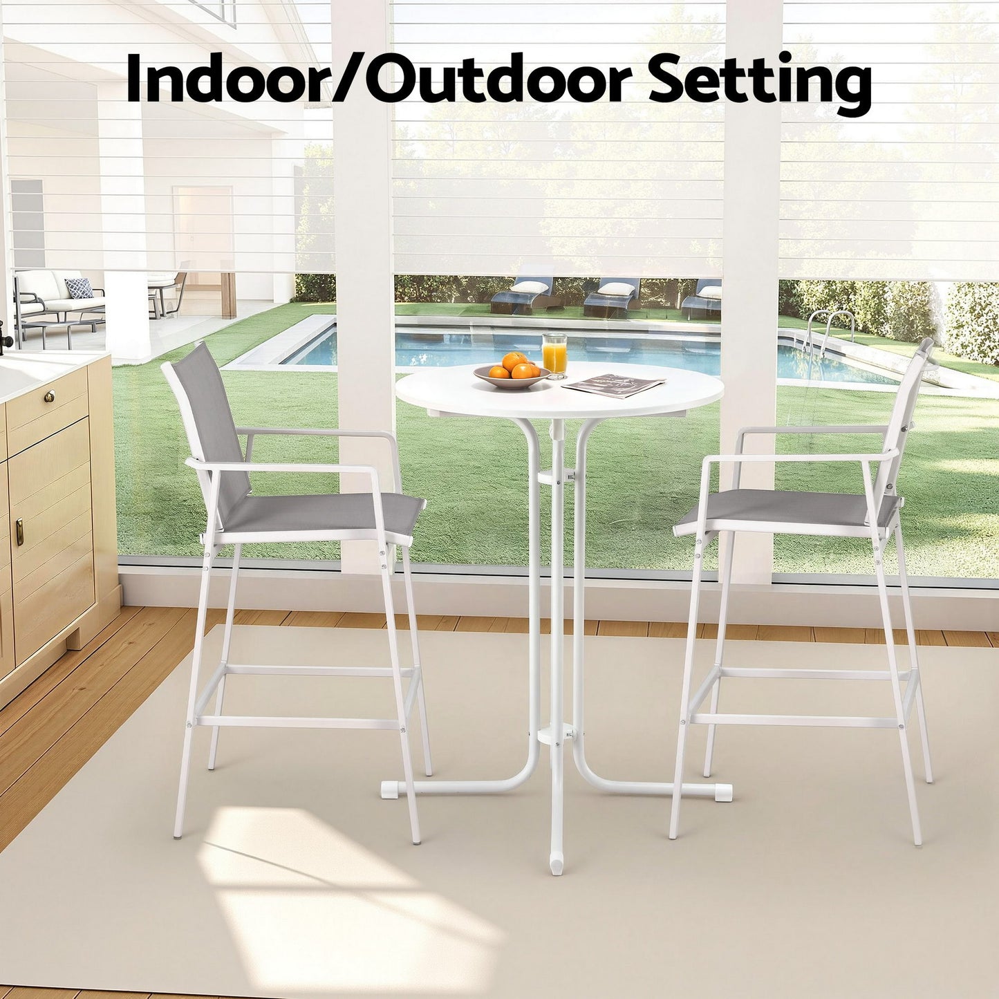 Gardeon 3PC Outdoor Bar Set Stools Dining Chairs Table Patio Furniture Bistro Set Steel White ODF-BARSET-3TEX-WH