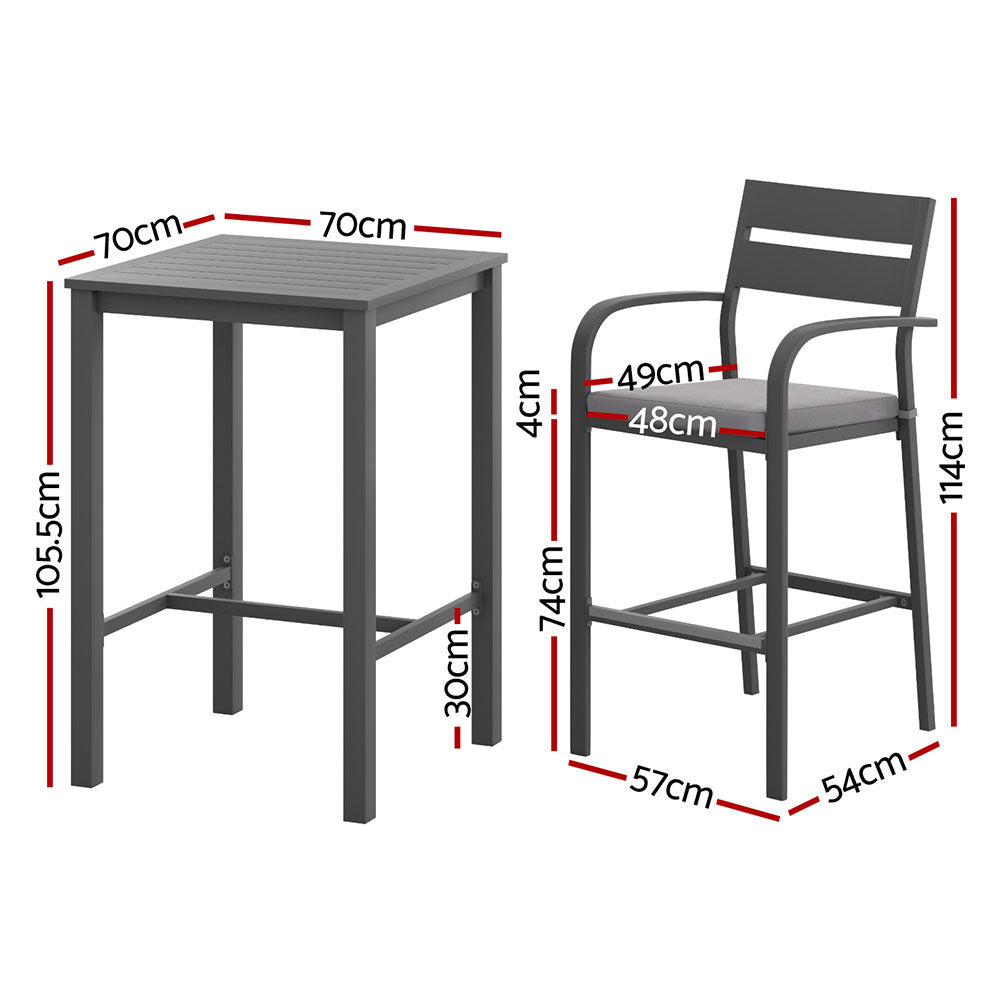 Gardeon 3Pcs Outdoor Bar Set Stools Dining Chairs Table Patio Aluminium Bistro Set Black ODF-BARSET-BK-3SET-AB