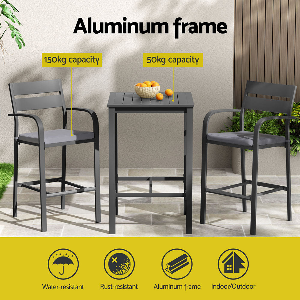 Gardeon 3Pcs Outdoor Bar Set Stools Dining Chairs Table Patio Aluminium Bistro Set Black ODF-BARSET-BK-3SET-AB