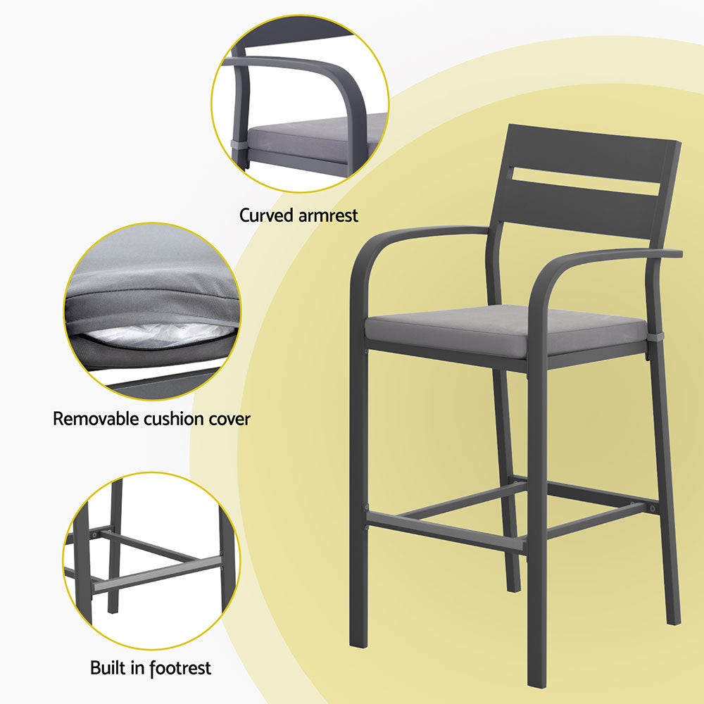 Gardeon 3Pcs Outdoor Bar Set Stools Dining Chairs Table Patio Aluminium Bistro Set Black ODF-BARSET-BK-3SET-AB