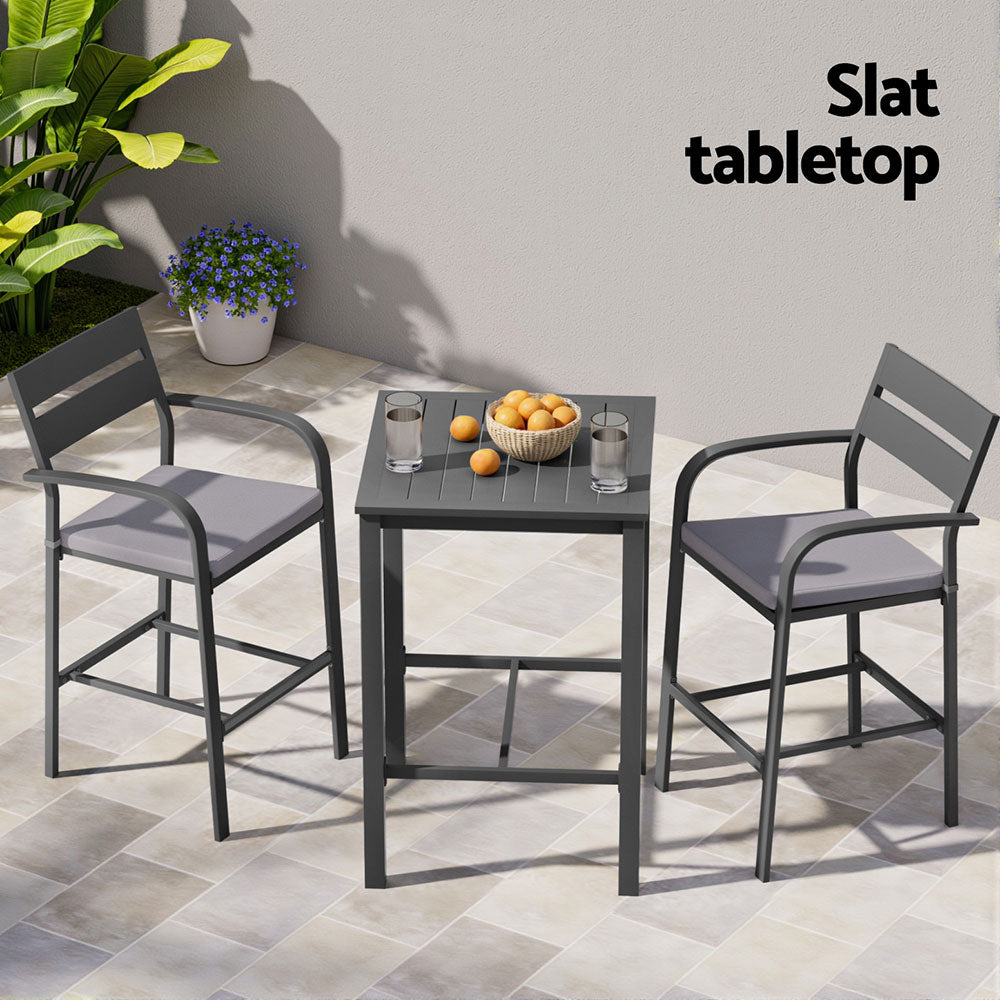 Gardeon 3Pcs Outdoor Bar Set Stools Dining Chairs Table Patio Aluminium Bistro Set Black ODF-BARSET-BK-3SET-AB