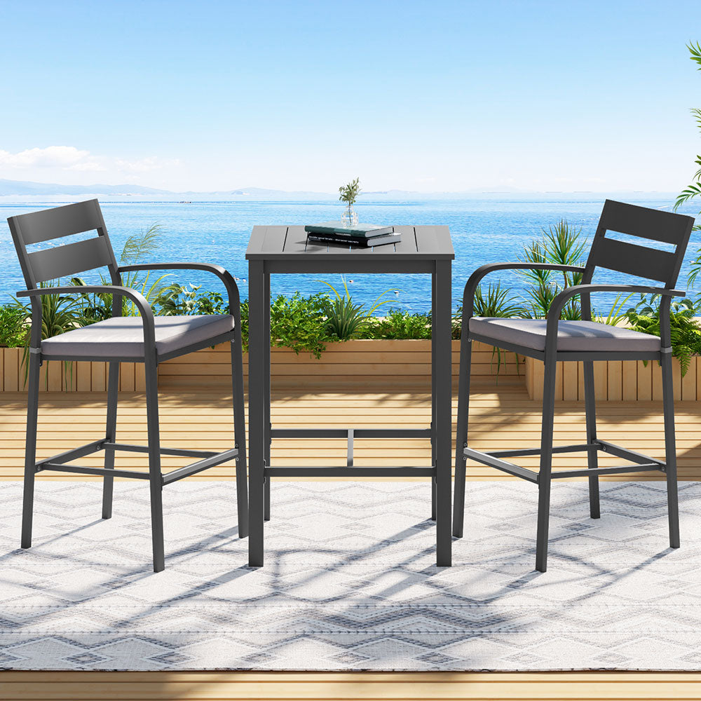 Gardeon 3Pcs Outdoor Bar Set Stools Dining Chairs Table Patio Aluminium Bistro Set Black ODF-BARSET-BK-3SET-AB