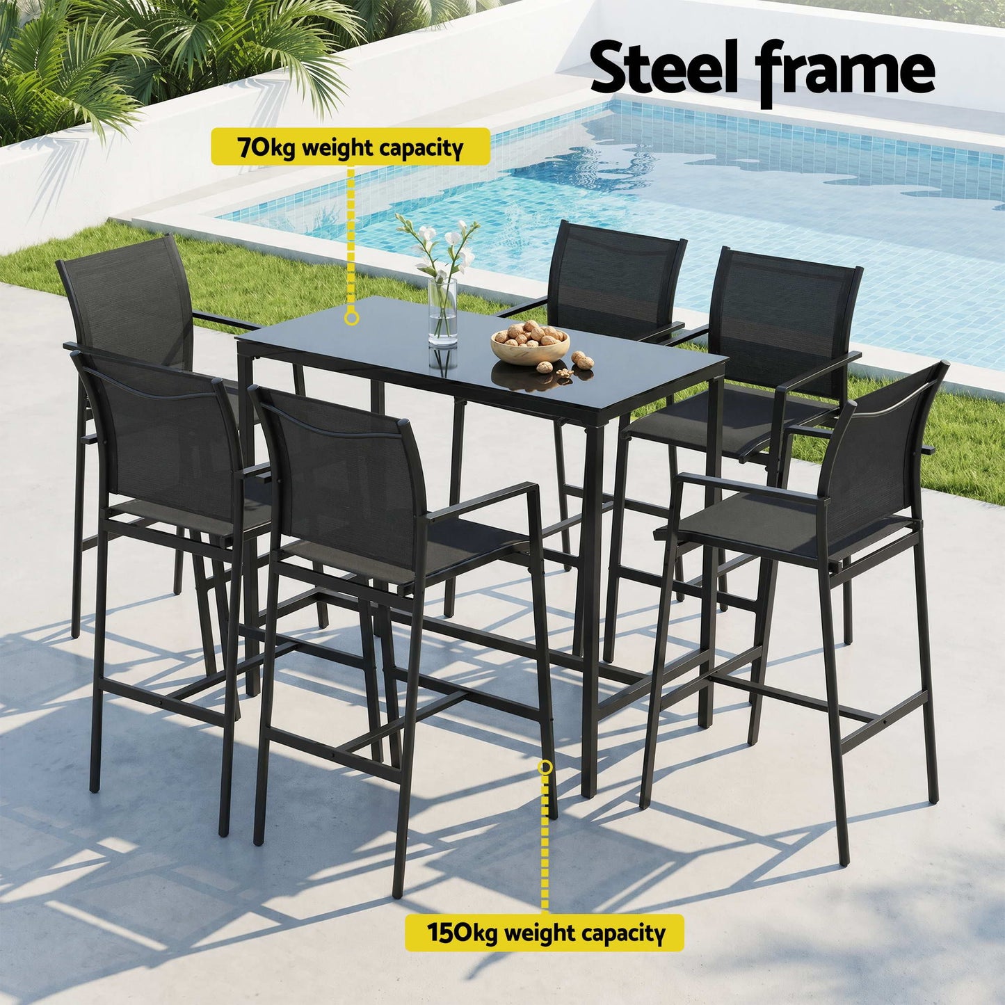 Gardeon 7PCS Outdoor Bar Set Stools Dining Chairs Table Patio Steel Bistro Set Black ODF-BARSET-BK-7STEX-ABC