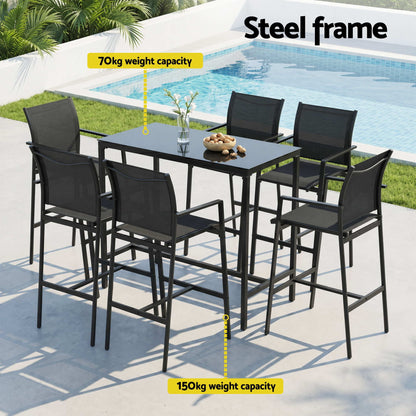 Gardeon 7PCS Outdoor Bar Set Stools Dining Chairs Table Patio Steel Bistro Set Black ODF-BARSET-BK-7STEX-ABC