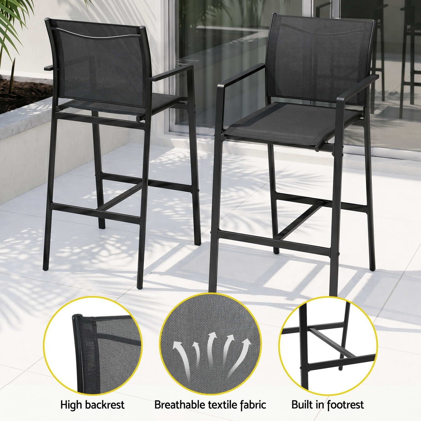 Gardeon 7PCS Outdoor Bar Set Stools Dining Chairs Table Patio Steel Bistro Set Black ODF-BARSET-BK-7STEX-ABC