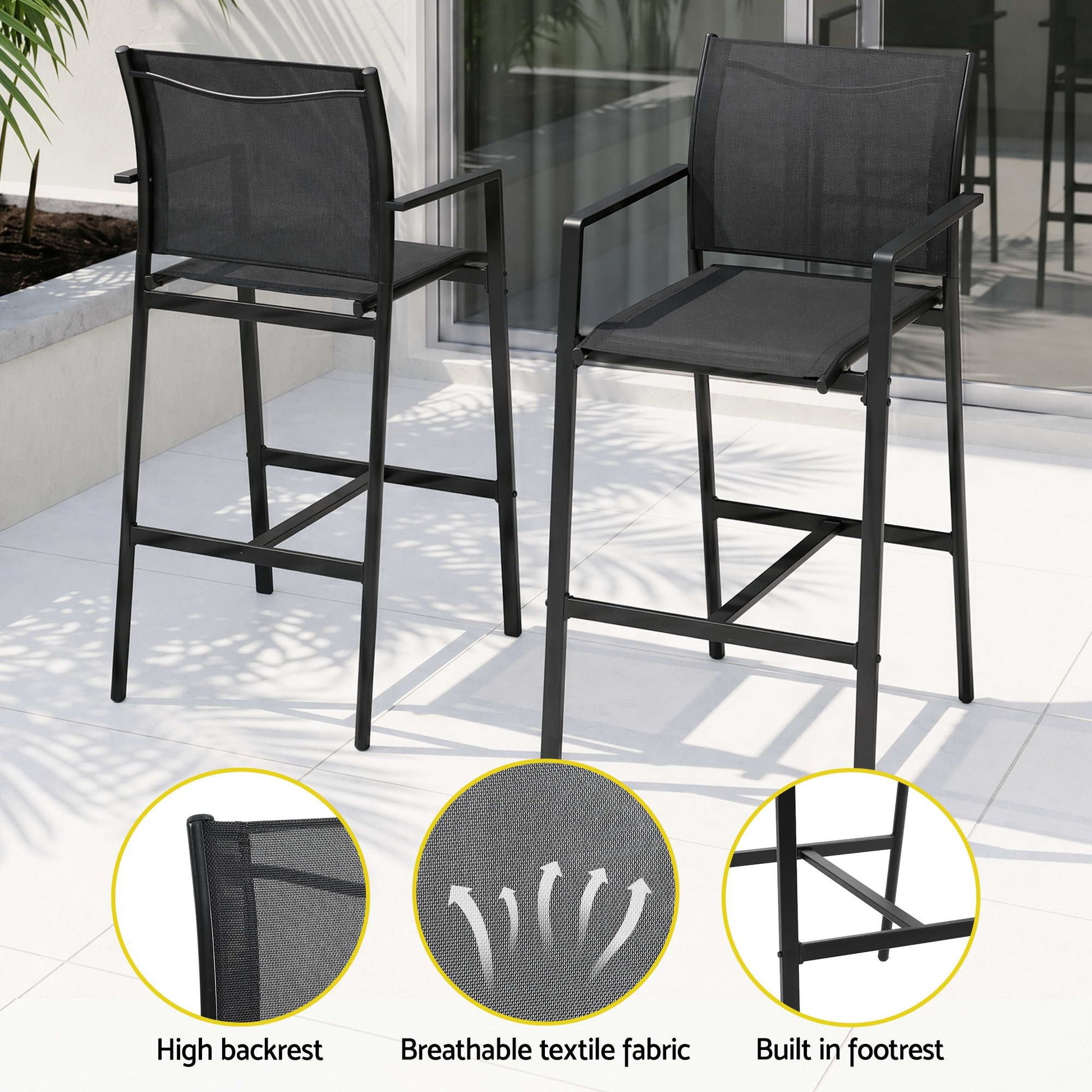 Gardeon 7PCS Outdoor Bar Set Stools Dining Chairs Table Patio Steel Bistro Set Black ODF-BARSET-BK-7STEX-ABC