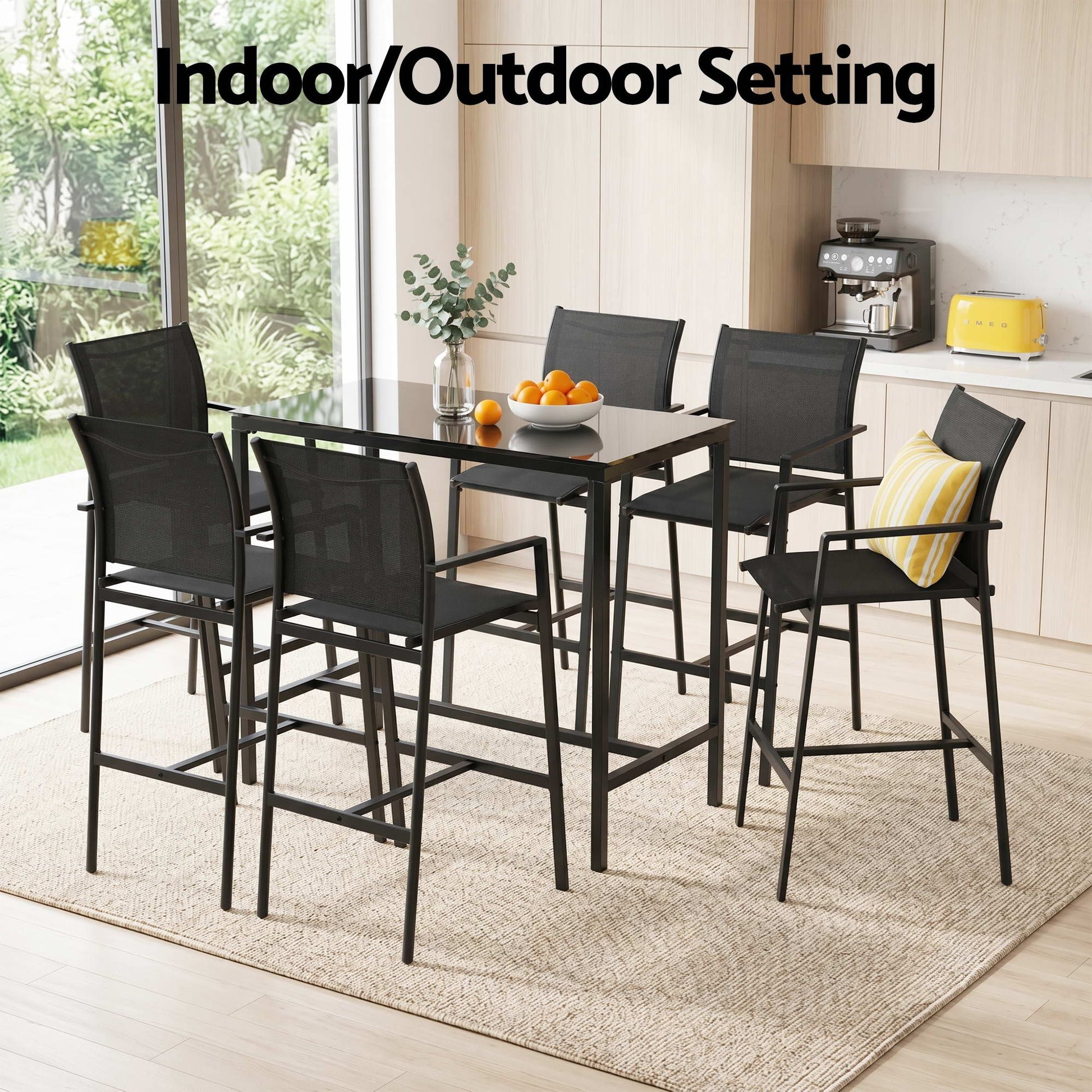 Gardeon 7PCS Outdoor Bar Set Stools Dining Chairs Table Patio Steel Bistro Set Black ODF-BARSET-BK-7STEX-ABC
