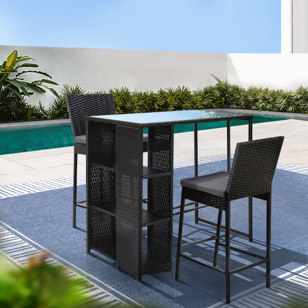 Gardeon 3-Piece Outdoor Bar Set Patio Dining Chairs Wicker Table Stools ODF-BARSET-STORE-3SET