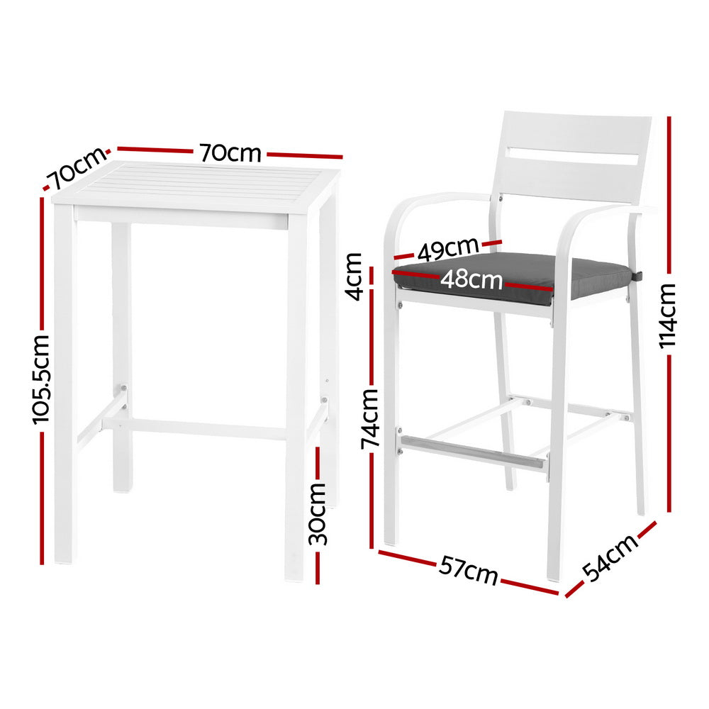 Gardeon Outdoor Bar Set Stools 3-Piece Dining Chairs Table Patio Aluminium Bistro Set ODF-BARSET-WH-3SET-AB