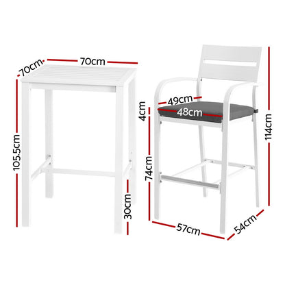 Gardeon Outdoor Bar Set Stools 3-Piece Dining Chairs Table Patio Aluminium Bistro Set ODF-BARSET-WH-3SET-AB
