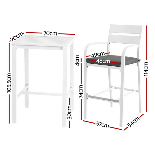 Gardeon Outdoor Bar Set Stools 3-Piece Dining Chairs Table Patio Aluminium Bistro Set ODF-BARSET-WH-3SET-AB