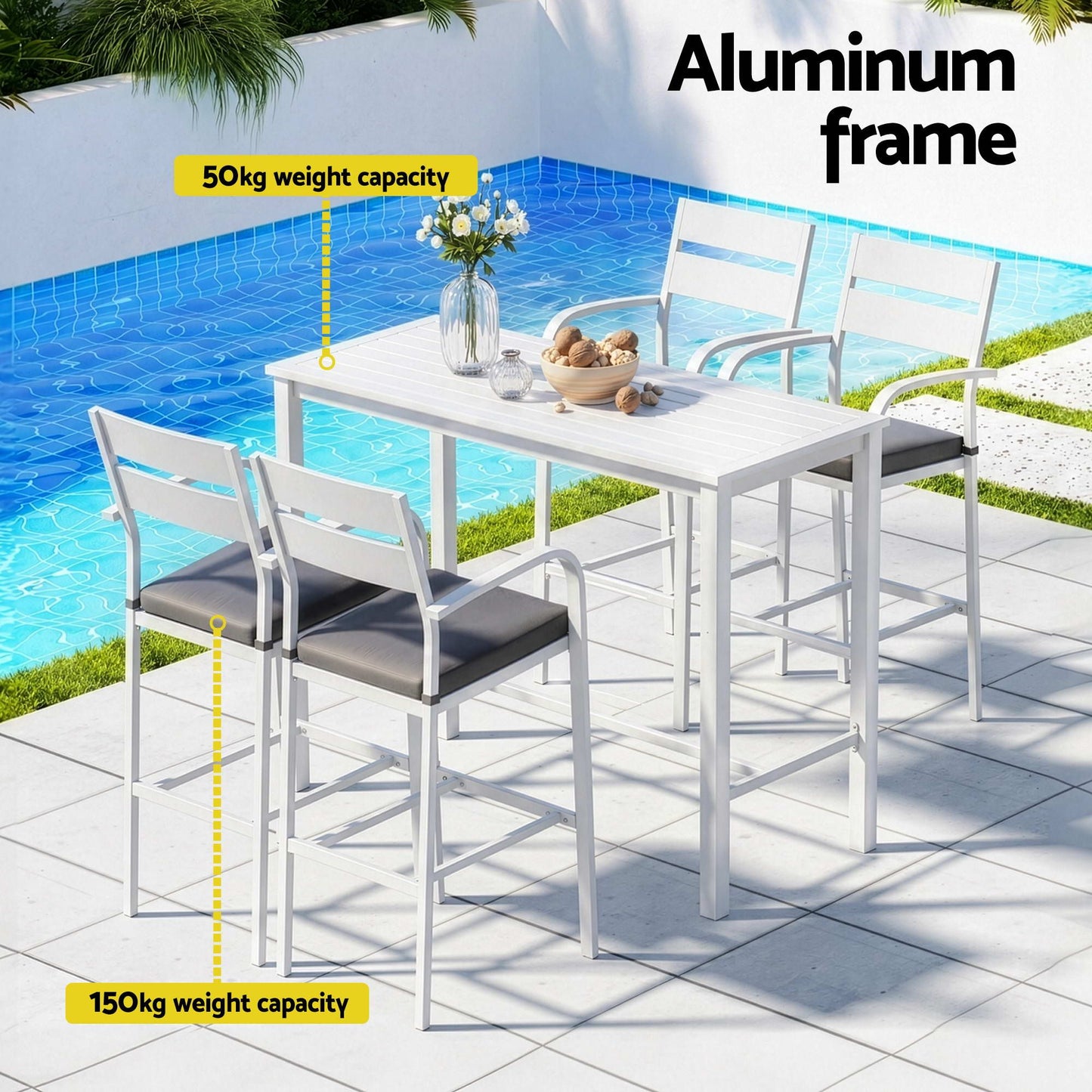 Gardeon Outdoor Bar Set 5-Piece Patio Dining Chairs Aluminium Table Stools White ODF-BARSET-WH-5SET-AB