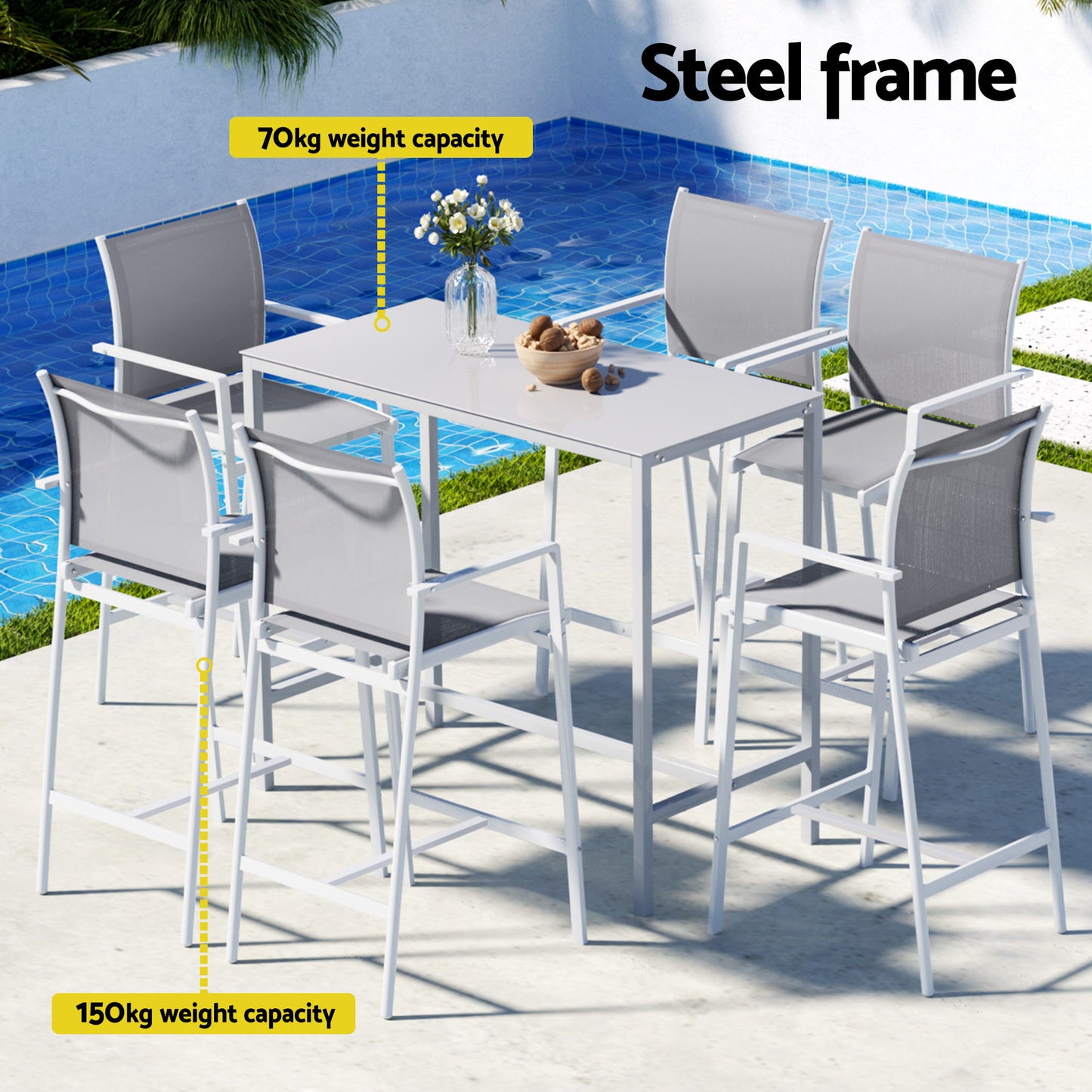 Gardeon 7PCS Outdoor Bar Set Stools Dining Chairs Table Patio Steel Bistro Set White ODF-BARSET-WH-7STEX-ABC