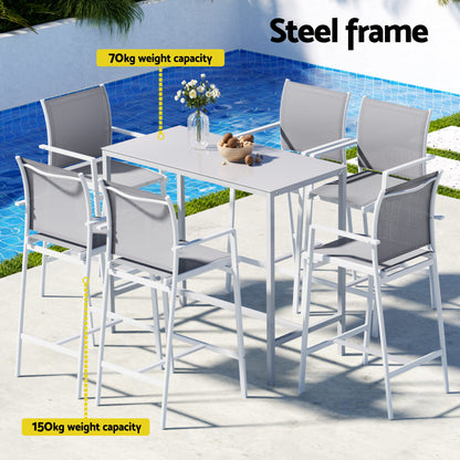 Gardeon 7PCS Outdoor Bar Set Stools Dining Chairs Table Patio Steel Bistro Set White ODF-BARSET-WH-7STEX-ABC