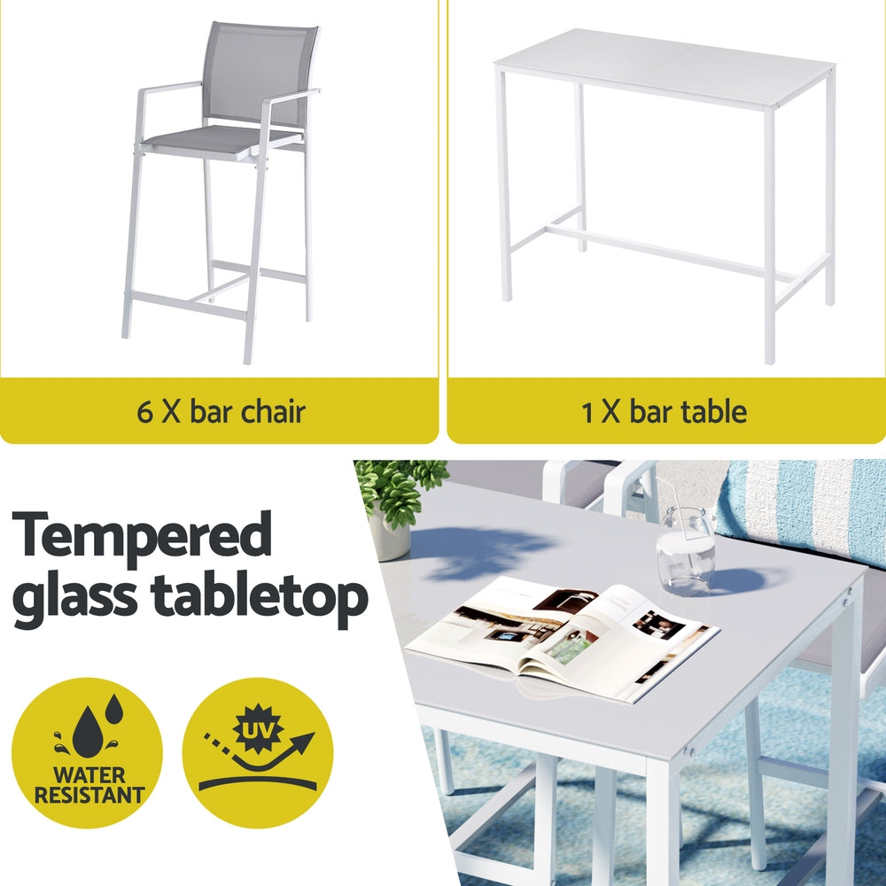 Gardeon 7PCS Outdoor Bar Set Stools Dining Chairs Table Patio Steel Bistro Set White ODF-BARSET-WH-7STEX-ABC