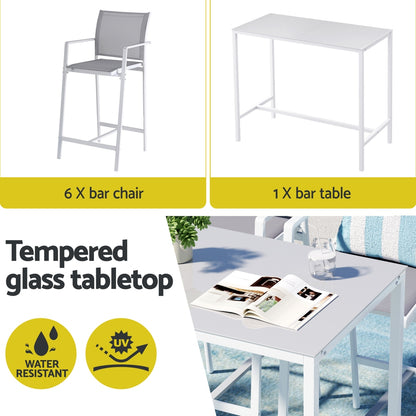 Gardeon 7PCS Outdoor Bar Set Stools Dining Chairs Table Patio Steel Bistro Set White ODF-BARSET-WH-7STEX-ABC