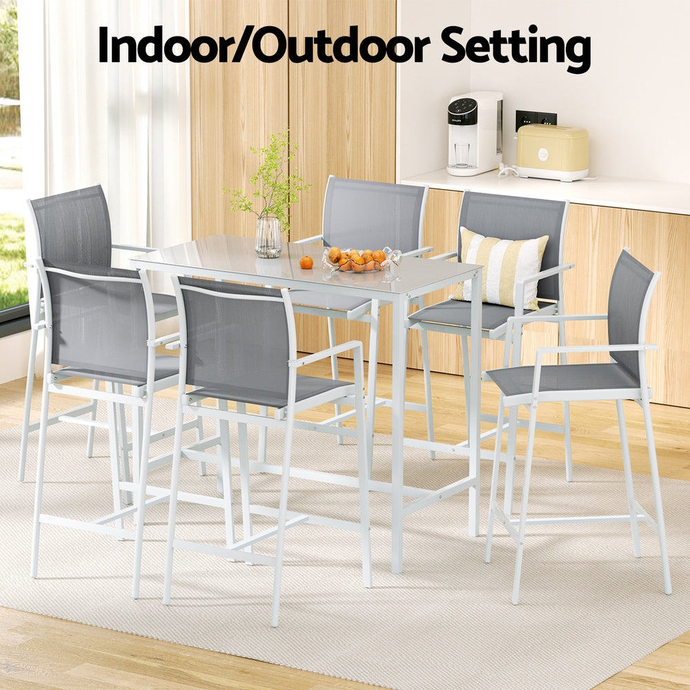Gardeon 7PCS Outdoor Bar Set Stools Dining Chairs Table Patio Steel Bistro Set White ODF-BARSET-WH-7STEX-ABC