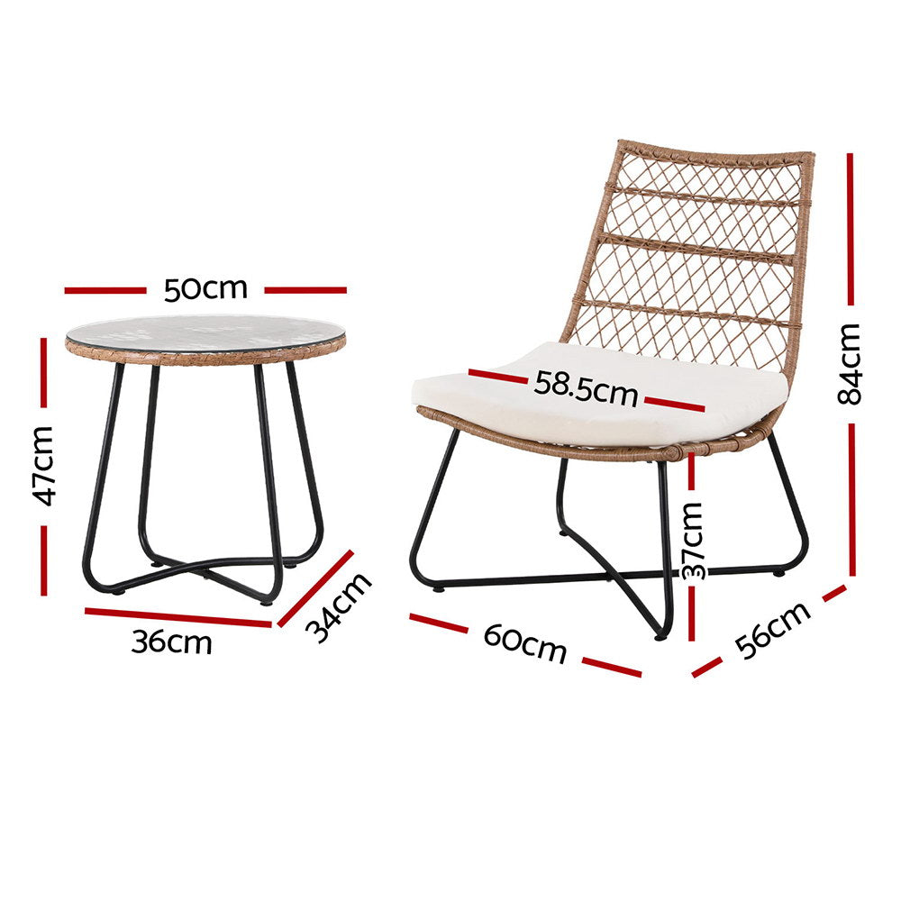 Gardeon 3PC Outdoor Setting Wicker Bistro Set Table Chairs Patio Furniture Brown ODF-BISTRO-BST-BR