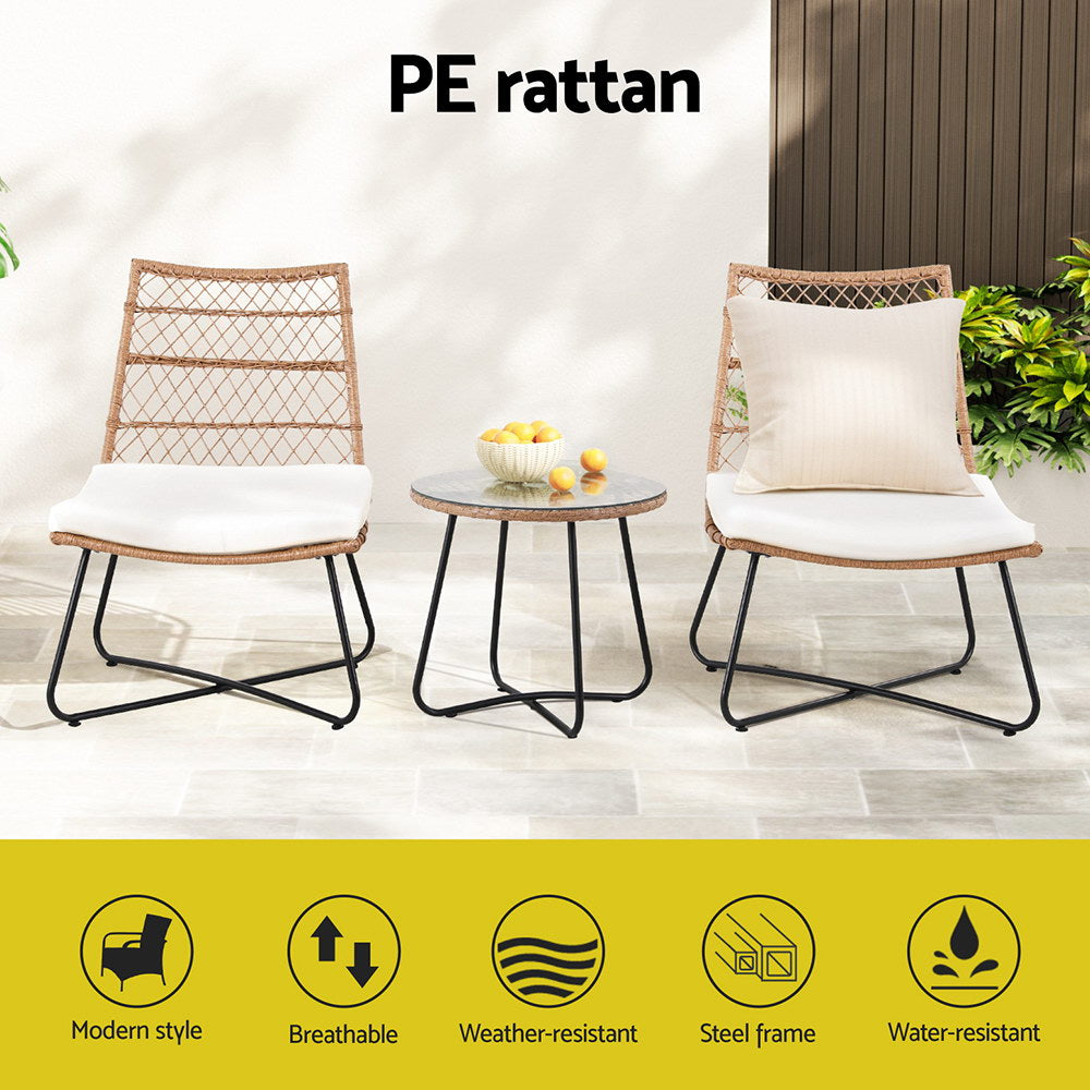 Gardeon 3PC Outdoor Setting Wicker Bistro Set Table Chairs Patio Furniture Brown ODF-BISTRO-BST-BR