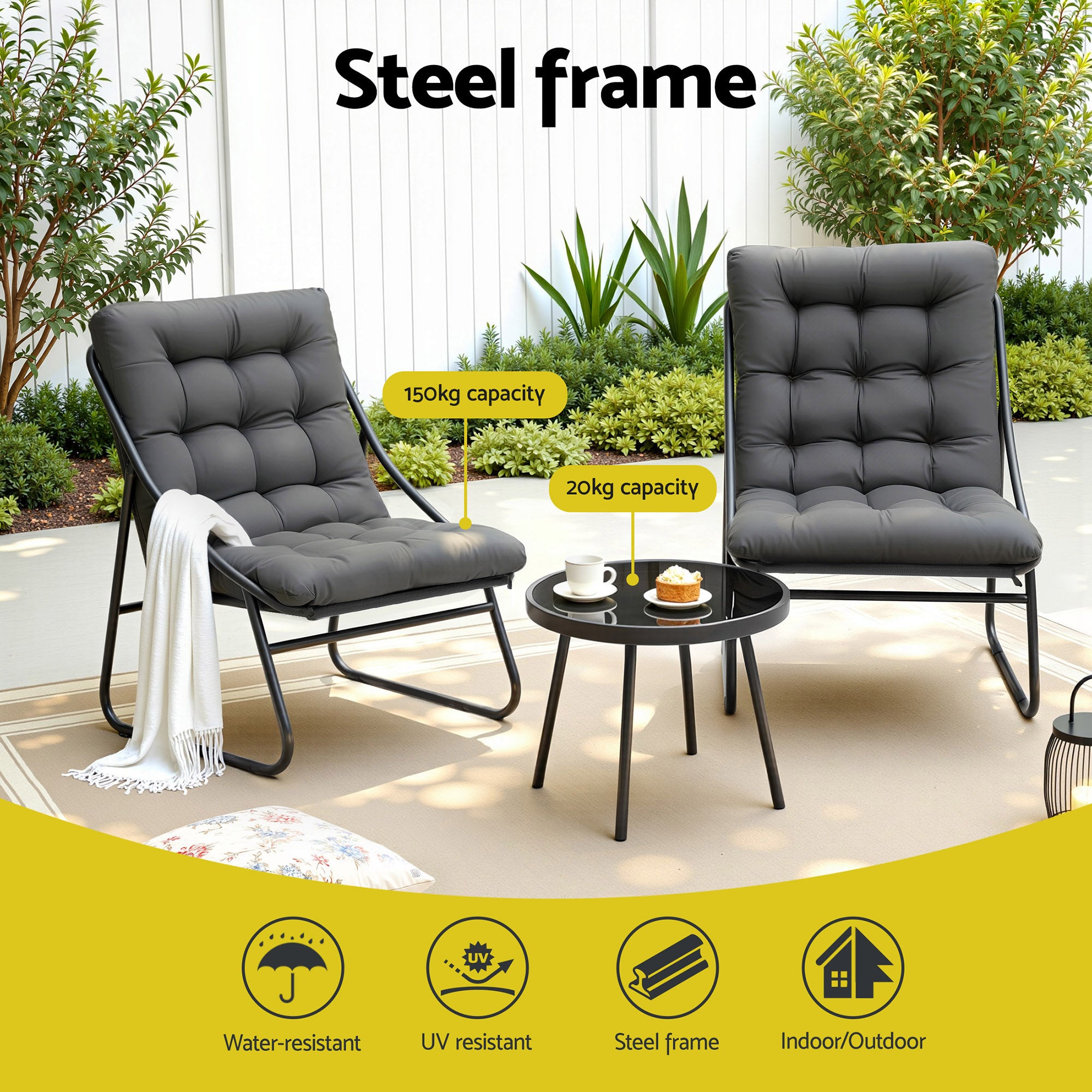 Gardeon 3PC Outdoor Bistro Set Patio Furniture Table and Chairs Steel Dining Chair ODF-BISTRO-CSL-GE