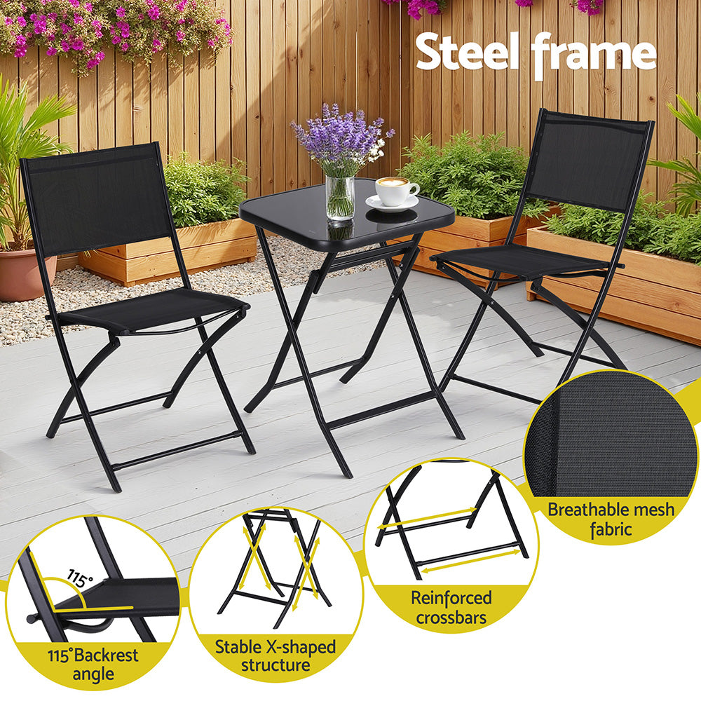 Gardeon Outdoor Bistro Set Folding Table and Chairs Patio Furniture Garden Steel Black ODF-BISTRO-FDTEX-BK