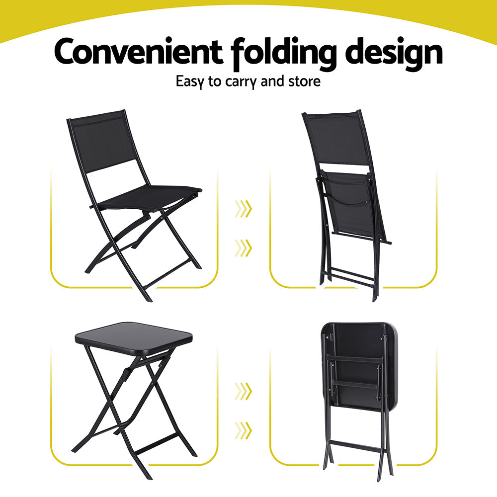 Gardeon Outdoor Bistro Set Folding Table and Chairs Patio Furniture Garden Steel Black ODF-BISTRO-FDTEX-BK