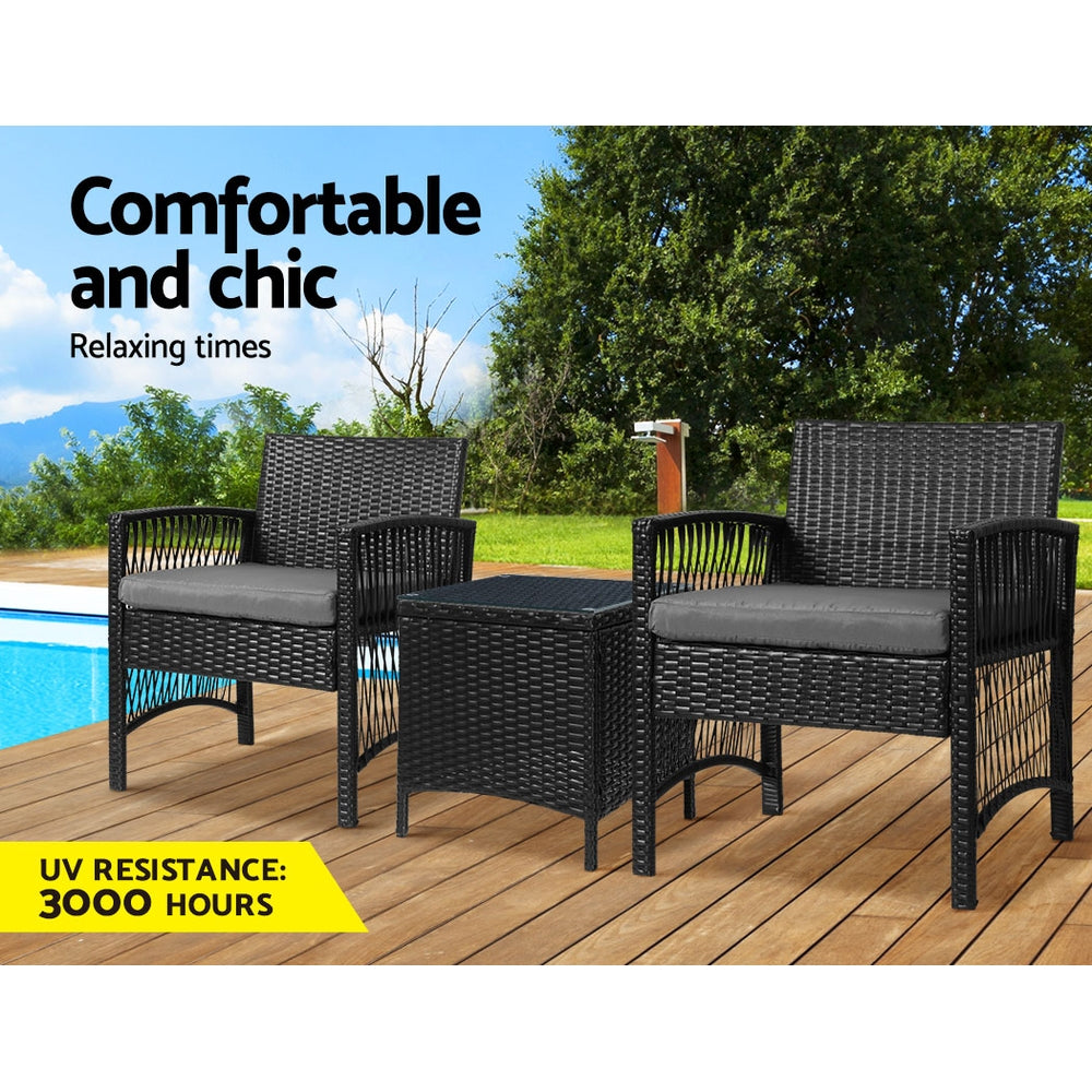 Gardeon 3PC Outdoor Bistro Set Patio Furniture Wicker Dining Chairs Table Cushion Black ODF-BISTRO-HARPSET-J-BK