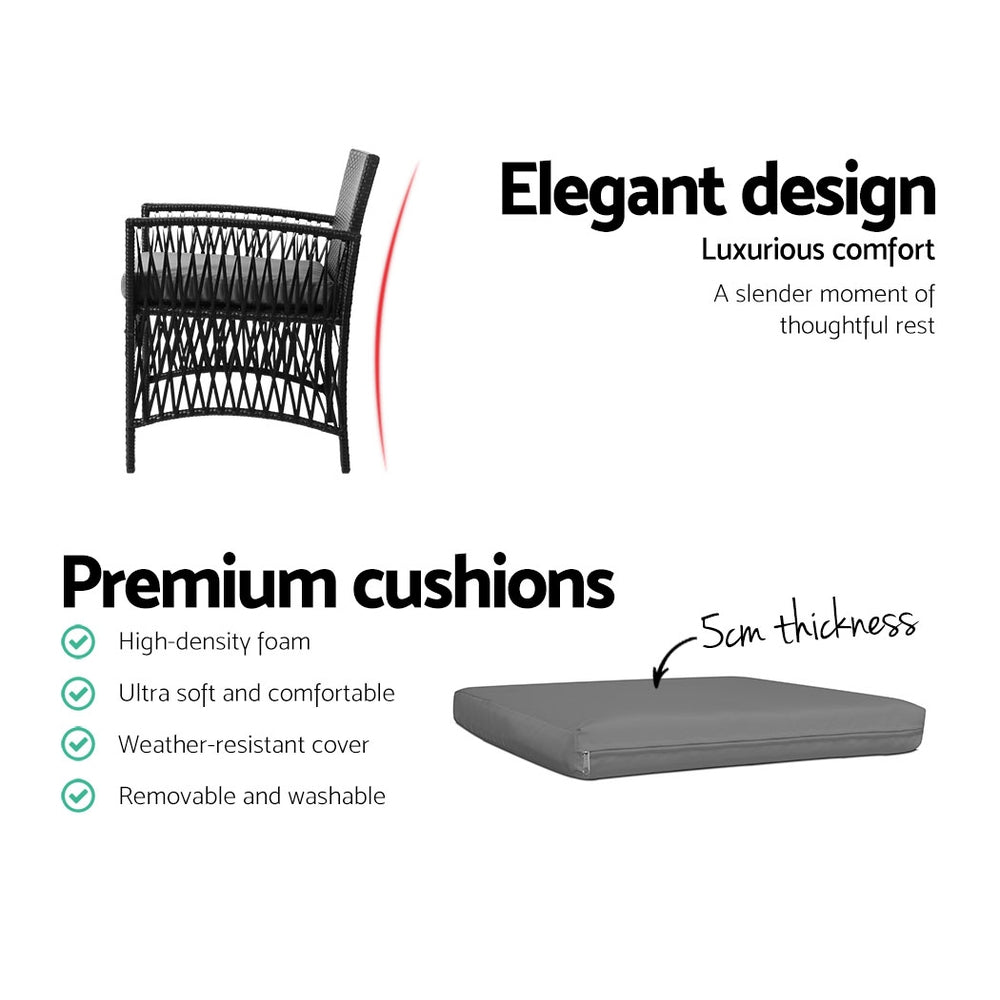 Gardeon 3PC Outdoor Bistro Set Patio Furniture Wicker Dining Chairs Table Cushion Black ODF-BISTRO-HARPSET-J-BK