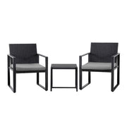 Gardeon 3PC Outdoor Bistro Set Patio Furniture Wicker Dining Chairs Table Cushion Black ODF-BISTRO-RATST-BK