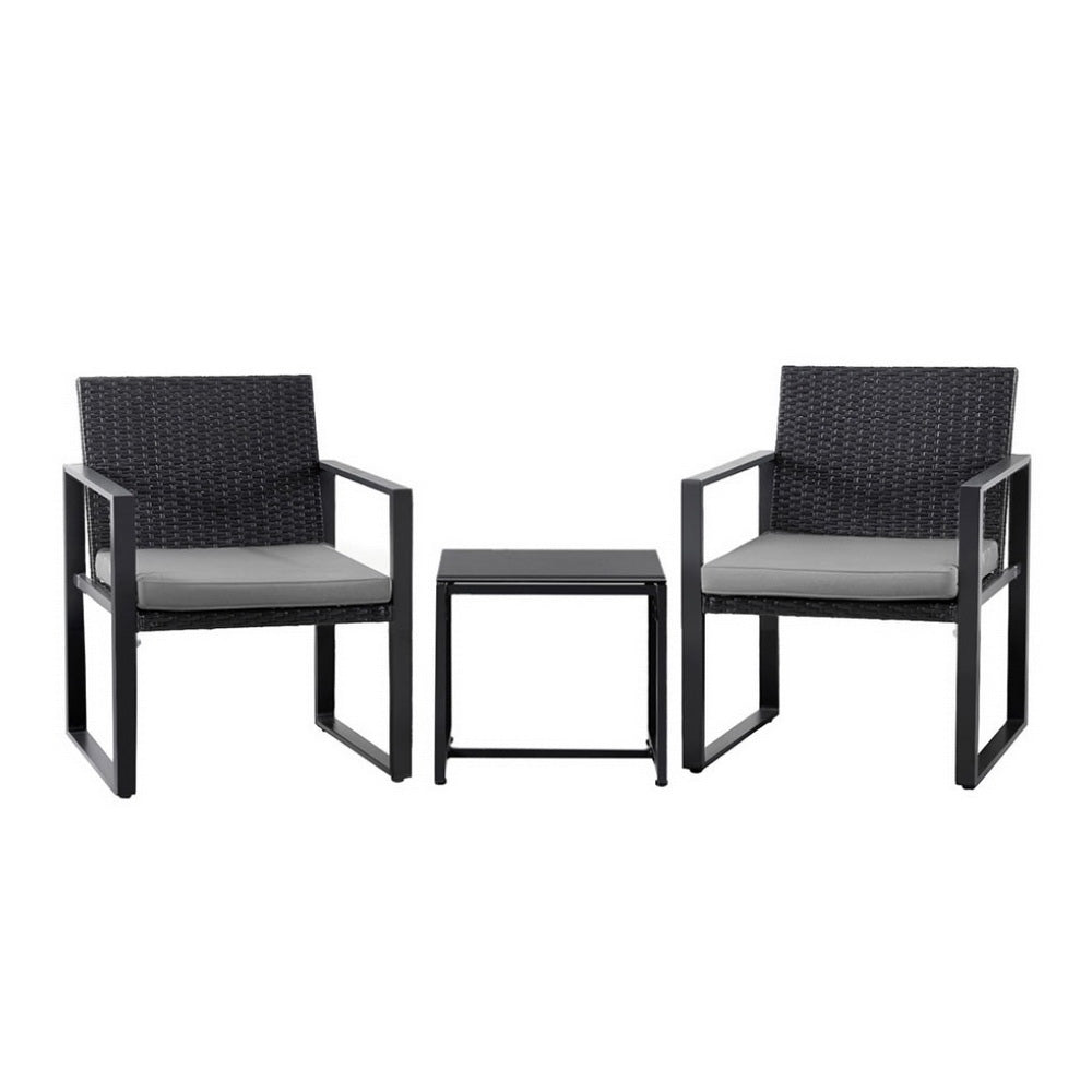 Gardeon 3PC Outdoor Bistro Set Patio Furniture Wicker Dining Chairs Table Cushion Black ODF-BISTRO-RATST-BK