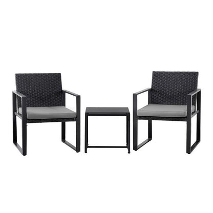 Gardeon 3PC Outdoor Bistro Set Patio Furniture Wicker Dining Chairs Table Cushion Black ODF-BISTRO-RATST-BK