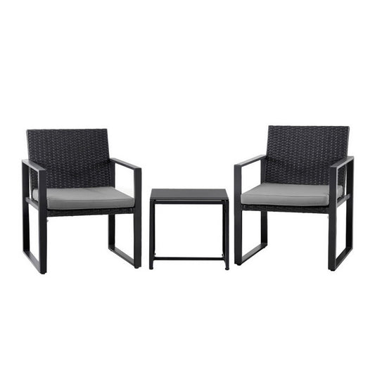 Gardeon 3PC Outdoor Bistro Set Patio Furniture Wicker Dining Chairs Table Cushion Black ODF-BISTRO-RATST-BK