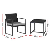 Gardeon 3PC Outdoor Bistro Set Patio Furniture Wicker Dining Chairs Table Cushion Black ODF-BISTRO-RATST-BK