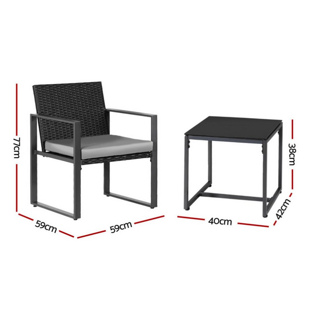 Gardeon 3PC Outdoor Bistro Set Patio Furniture Wicker Dining Chairs Table Cushion Black ODF-BISTRO-RATST-BK