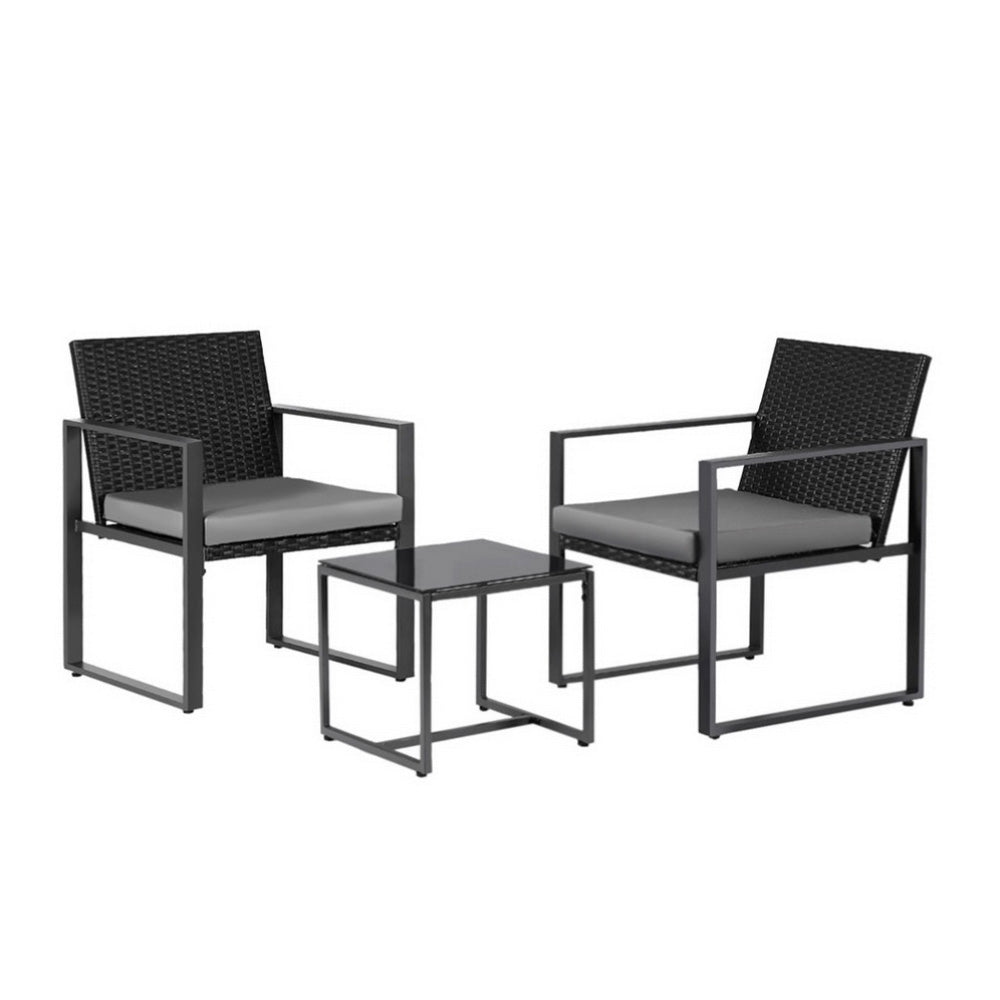 Gardeon 3PC Outdoor Bistro Set Patio Furniture Wicker Dining Chairs Table Cushion Black ODF-BISTRO-RATST-BK