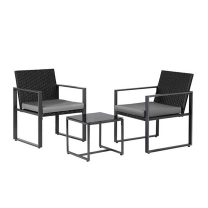 Gardeon 3PC Outdoor Bistro Set Patio Furniture Wicker Dining Chairs Table Cushion Black ODF-BISTRO-RATST-BK