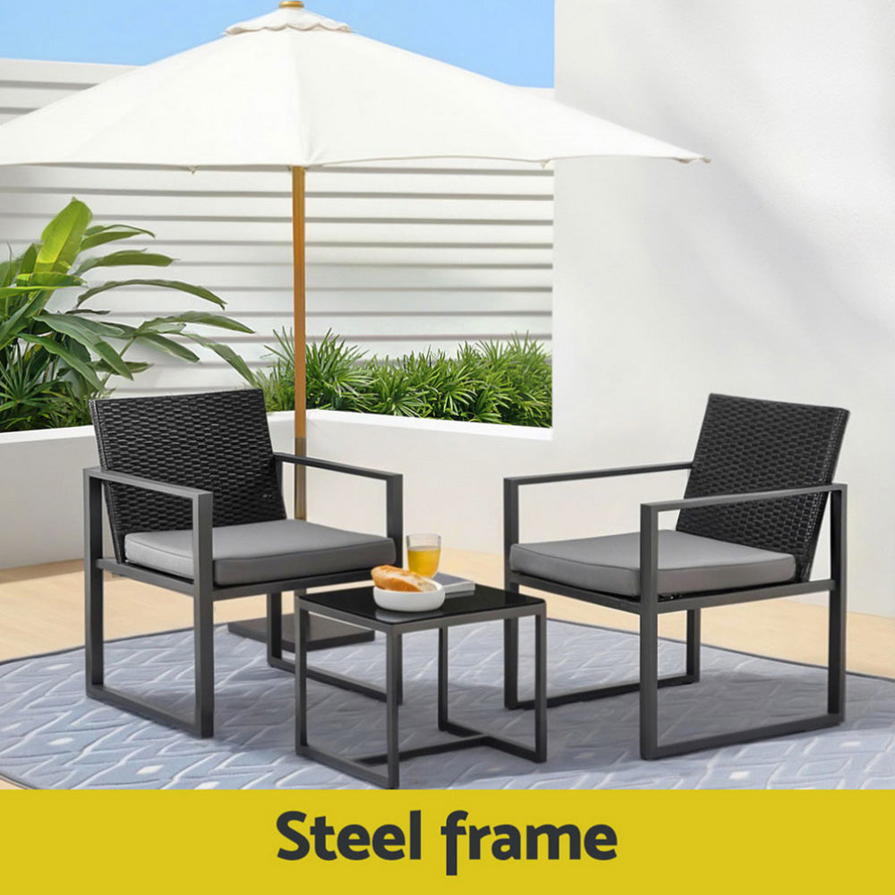 Gardeon 3PC Outdoor Bistro Set Patio Furniture Wicker Dining Chairs Table Cushion Black ODF-BISTRO-RATST-BK