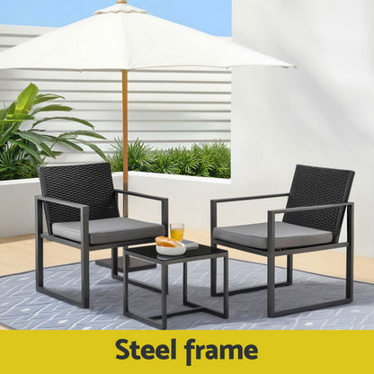 Gardeon 3PC Outdoor Bistro Set Patio Furniture Wicker Dining Chairs Table Cushion Black ODF-BISTRO-RATST-BK