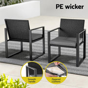 Gardeon 3PC Outdoor Bistro Set Patio Furniture Wicker Dining Chairs Table Cushion Black ODF-BISTRO-RATST-BK
