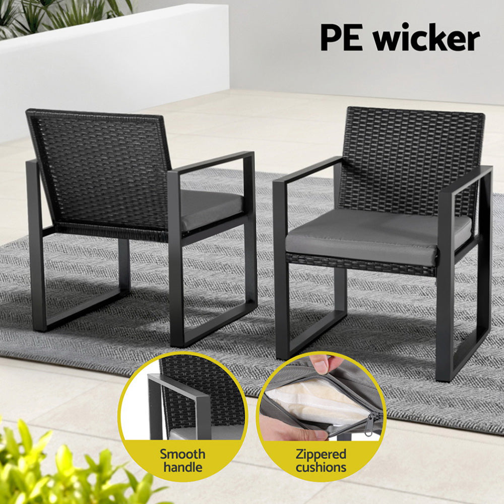 Gardeon 3PC Outdoor Bistro Set Patio Furniture Wicker Dining Chairs Table Cushion Black ODF-BISTRO-RATST-BK