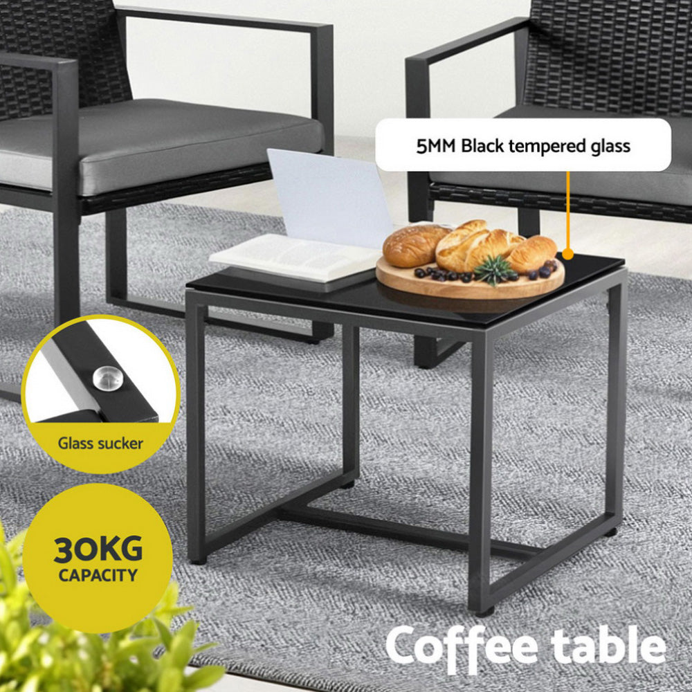Gardeon 3PC Outdoor Bistro Set Patio Furniture Wicker Dining Chairs Table Cushion Black ODF-BISTRO-RATST-BK