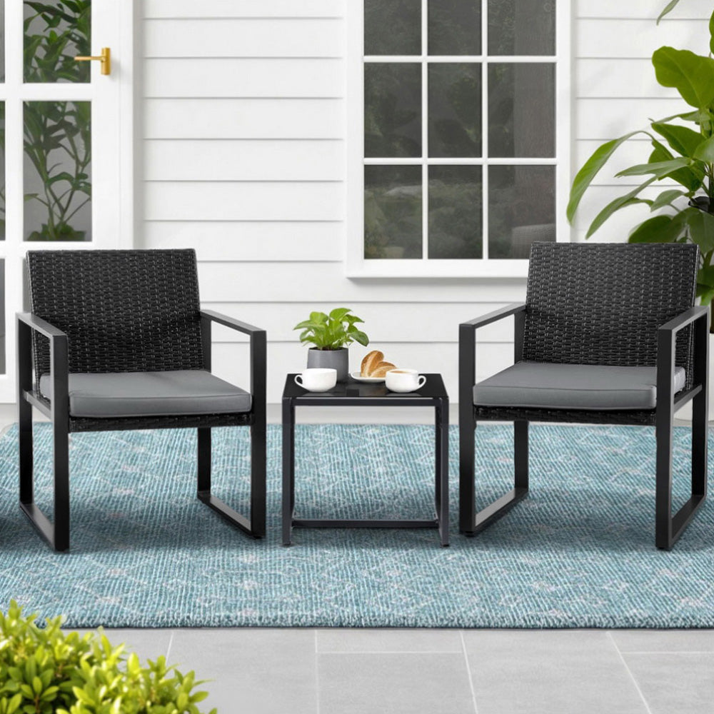 Gardeon 3PC Outdoor Bistro Set Patio Furniture Wicker Dining Chairs Table Cushion Black ODF-BISTRO-RATST-BK