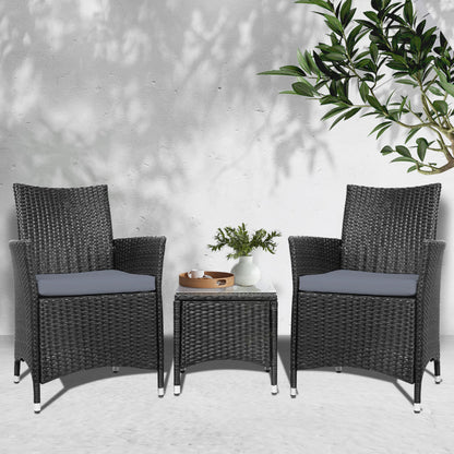 Gardeon 3PC Outdoor Bistro Set Patio Furniture Wicker Setting Chairs Table Cushion Black ODF-BISTRO-RATTAN-BK